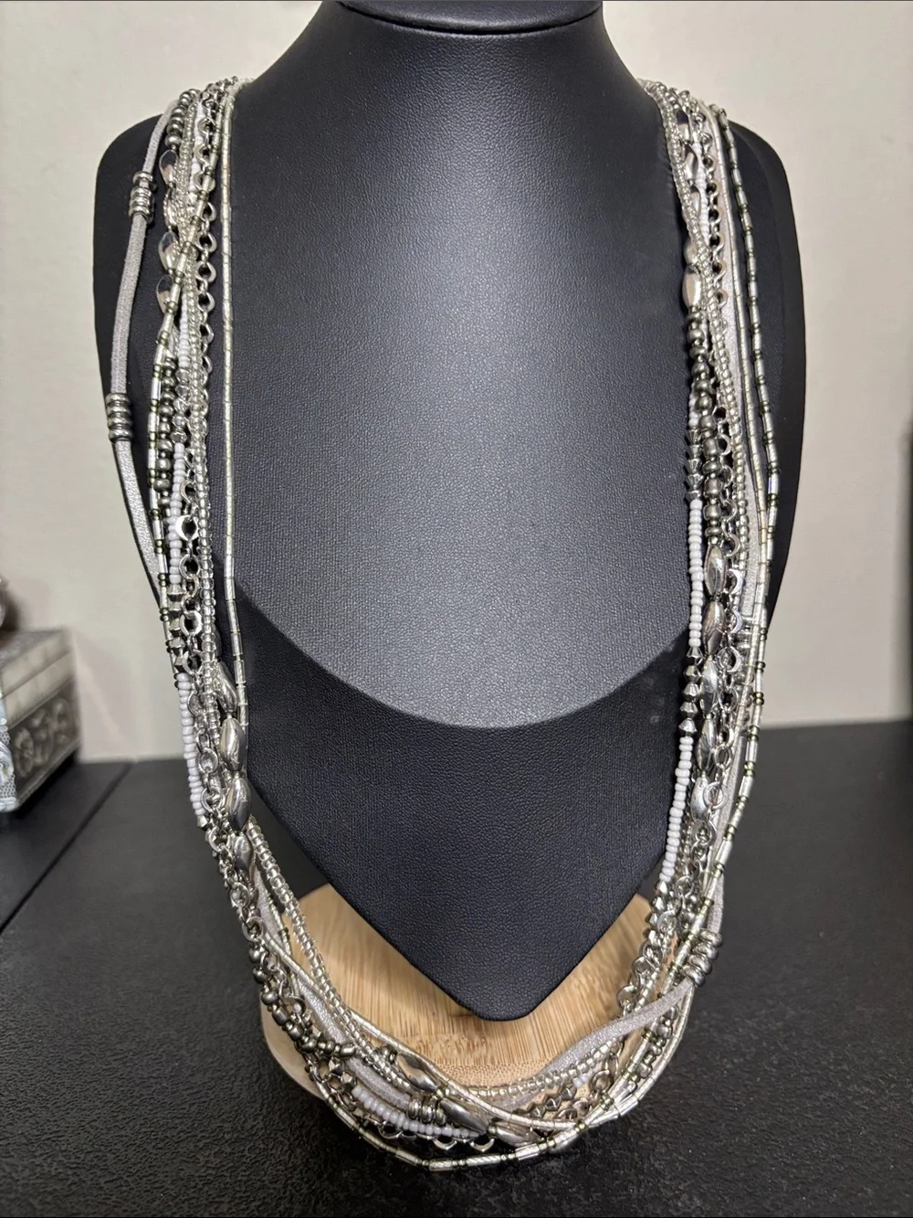 Multi-Strand Silver and White Beaded Necklace - Women Jewelry